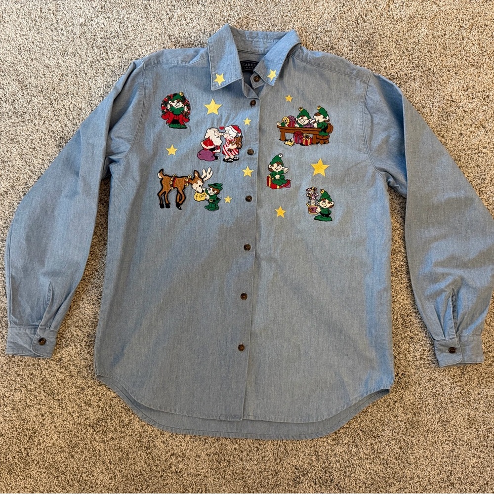 Vtg 90s Karen Scott Blue Shirt with Festive Embroidery